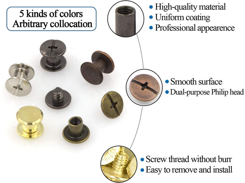 ALLOYPRO 100 Sets Chicago Screws Assorted Kit 5 Color Leather Rivets Screw Rivets Flat Fillister Book Binding Posts Nail Rivet Chicago Bolts for DIY Leather Craft Black Silver Golden Bronze (Colours 5×6mm) - Image 3